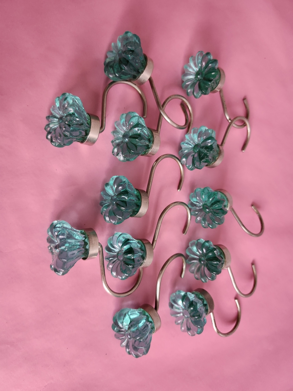 Vintage Aqua Teal Glass Flower Shower Curtain Hooks 12pc Lot Chipped Craft Repai
